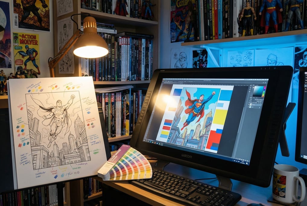A comic book colorist's digital workspace