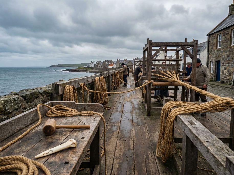 Hemp fibers twist into laid rope along a coastal town ropewalk — the long outdoor workspace of a traditional rope maker