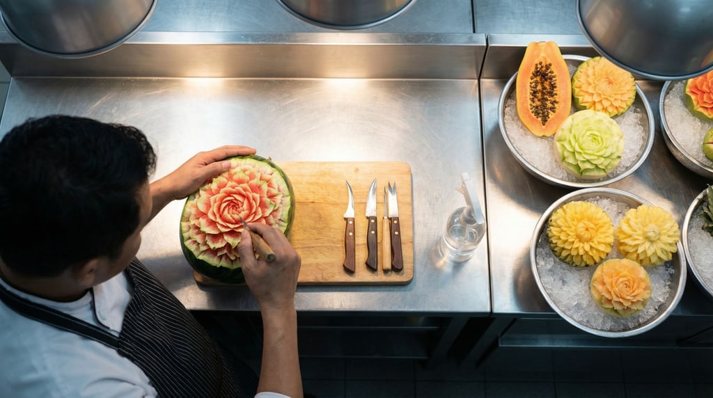 A traditional Thai fruit carver's station at a luxury hotel