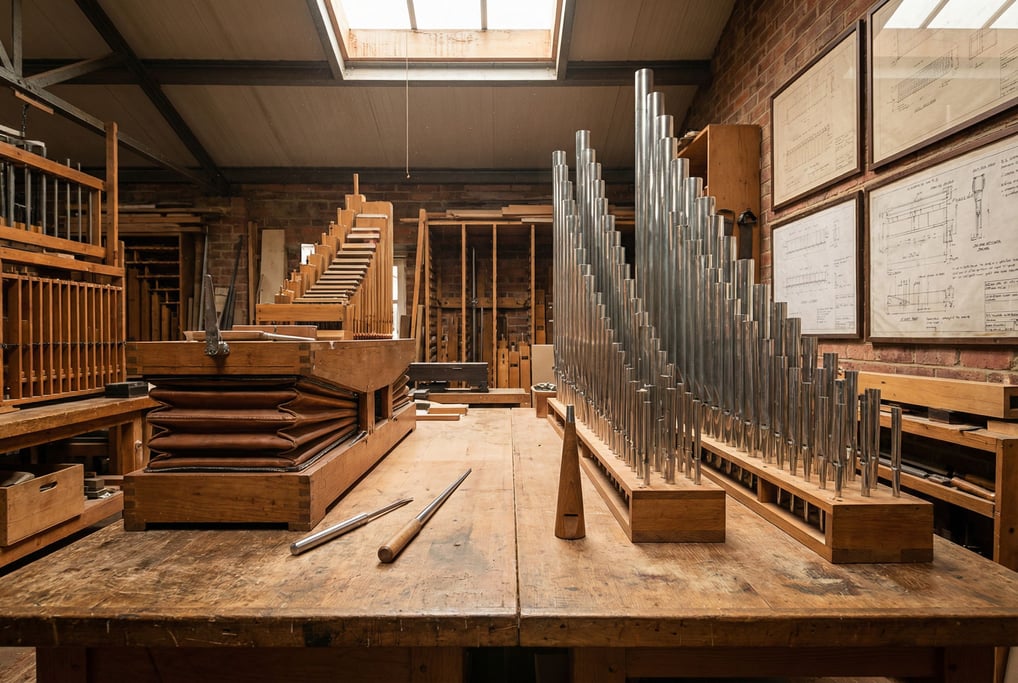 Tin pipes arranged by ascending size on a long table catch overhead light in an organ builder's voicing workshop
