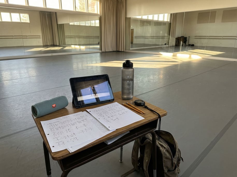 A contemporary dance choreographer's rehearsal notebook station