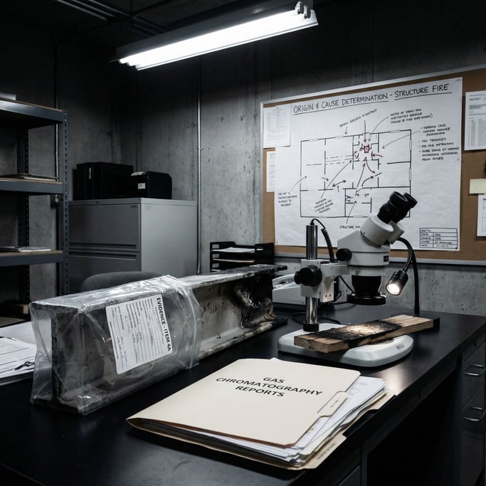 Charred evidence dominates a fire investigator's review desk: a structural beam section in an evidence bag