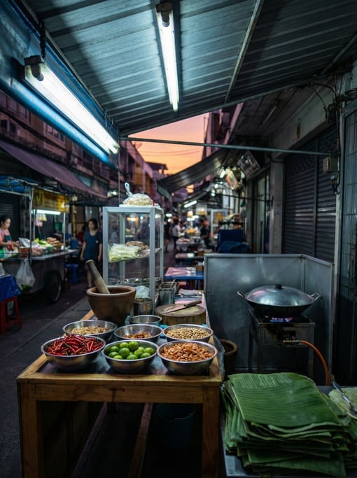 A street food vendor's prep station before dawn at a Bangkok market