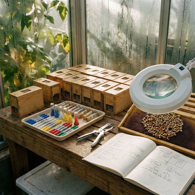 An apiarist's queen-rearing station in a warm greenhouse