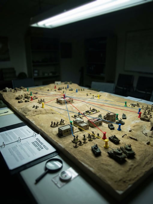 Miniature unit markers dot a terrain model on a sand table in a military planning room — a war game strategist's battlefield in three dimensions
