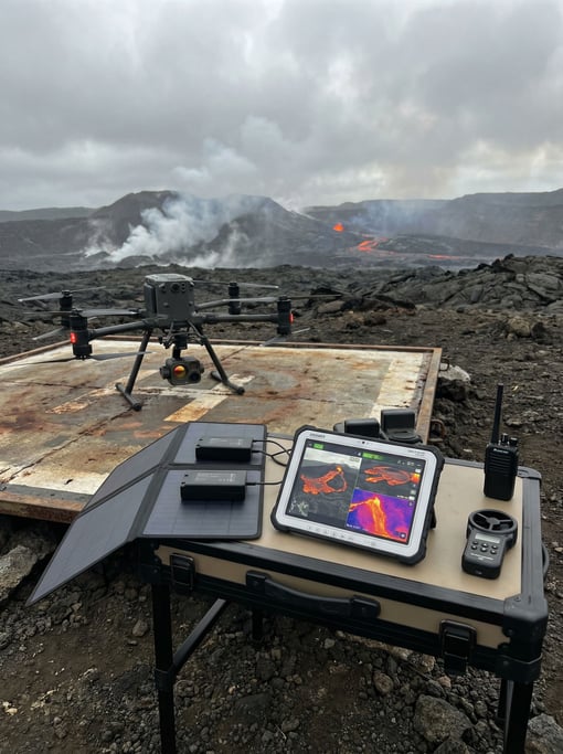 A volcanologist's drone operations table on a volcanic island