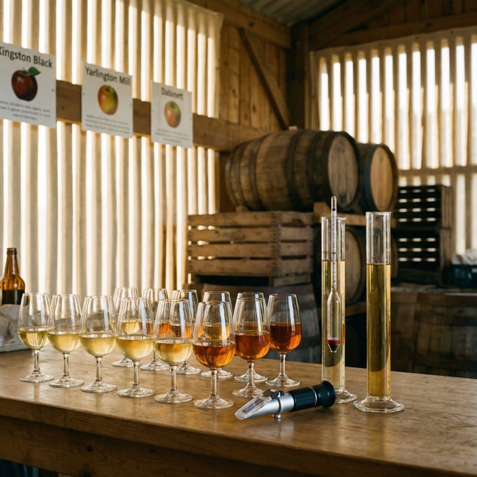 A professional cider maker's blending bench in an orchard barn
