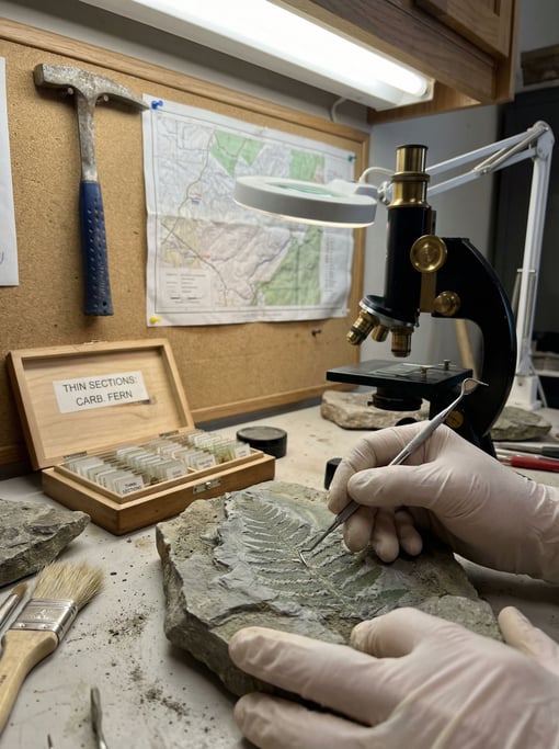 A rock slab yields its secrets: a fossilized fern frond being exposed millimeter by millimeter with a dental pick at a paleobotanist's preparation lab
