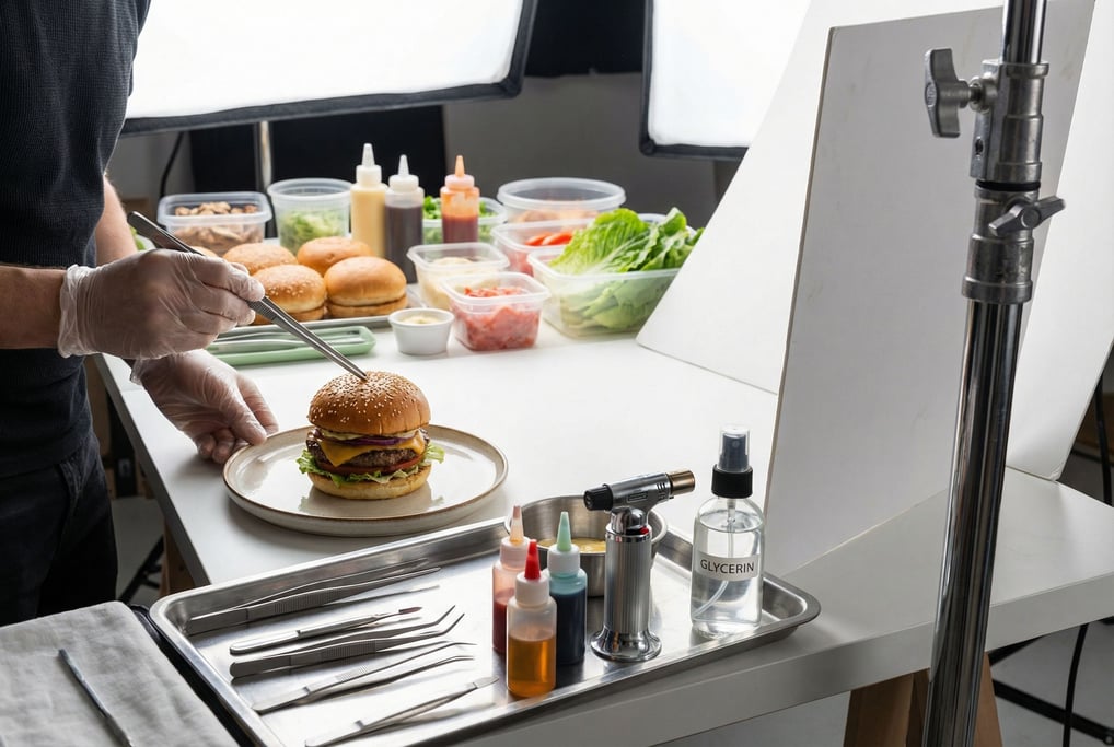 A professional food stylist's hero-plate station