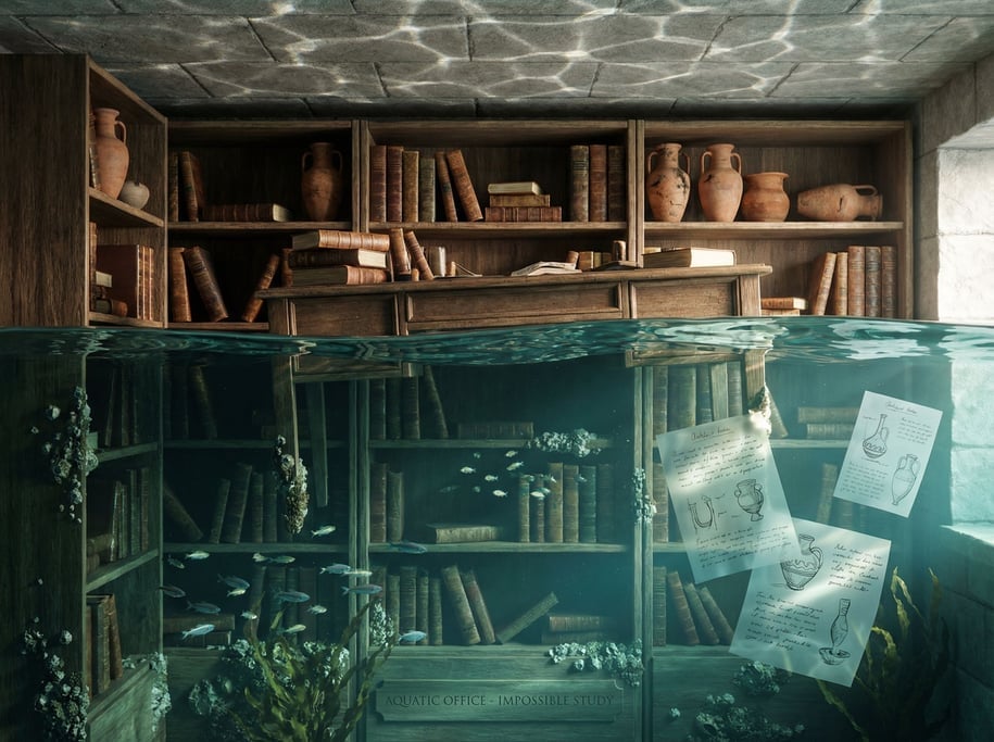 3D render of an impossible study: half-submerged