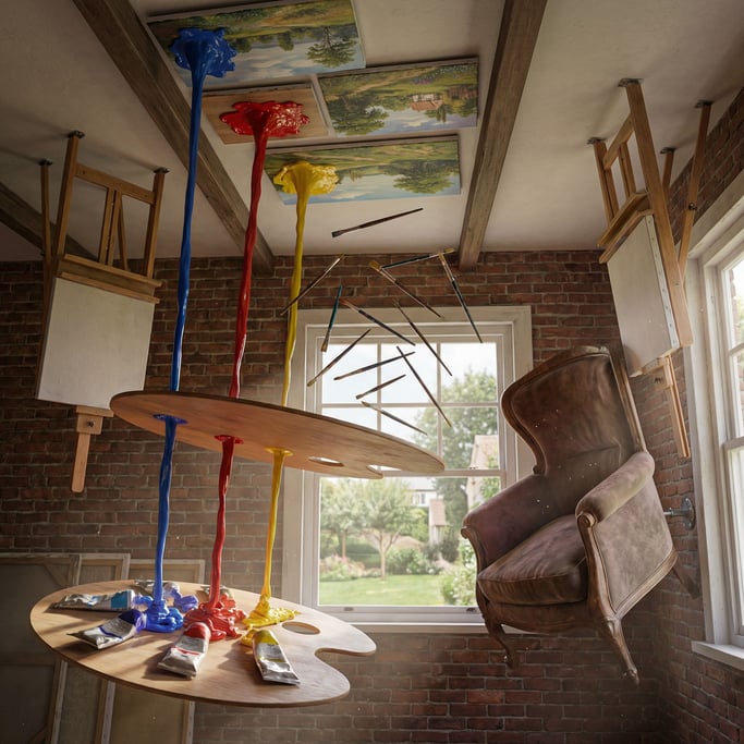 A 3D render of a gravity-defying artist's studio where paint flows upward