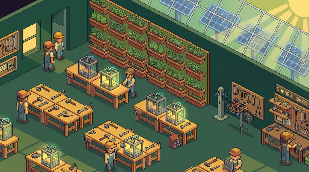 A pixel art scene of a solarpunk community workshop rendered in isometric view