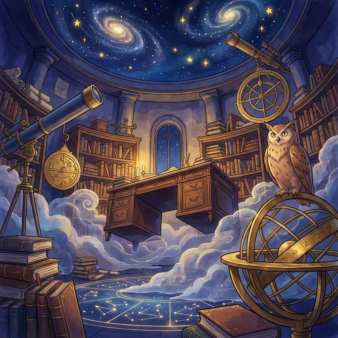Anime-style celestial observatory library: a tower study where telescopes and astrolabes mix with leather-bound star catalogues