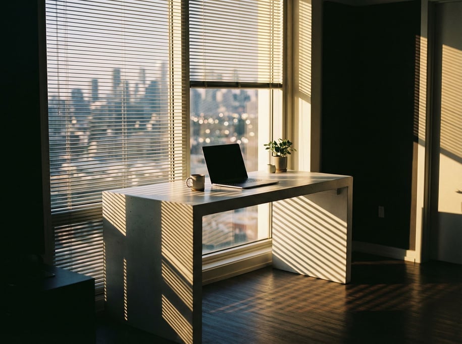 A home office corner with a monstera plant, books stacked on a floating shelf (qaunbf2)