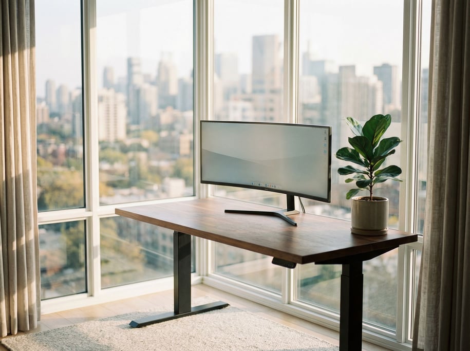 An empty minimal desk with just a closed laptop and a glass of water, clean white walls (5fvd2bzi)