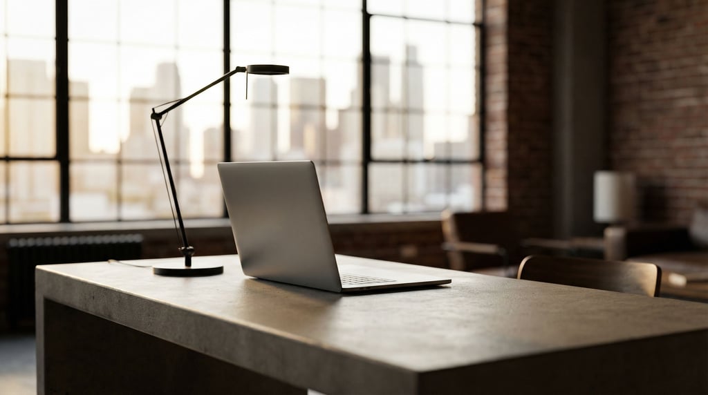A modern coworking space with polished concrete floors, steel and glass partitions