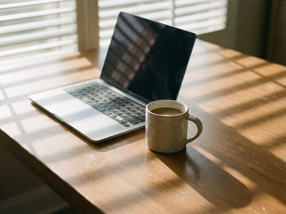 A modern studio apartment workspace, laptop on a white concrete desk (klwzyjdl)