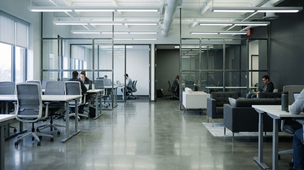 A minimal concrete desk with a laptop and a single architectural lamp, sharp clean lines (jdanwnqz)