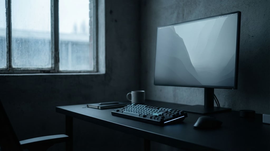 A modern standing desk near floor-to-ceiling windows, ultrawide monitor, single plant (ubuclwpy)