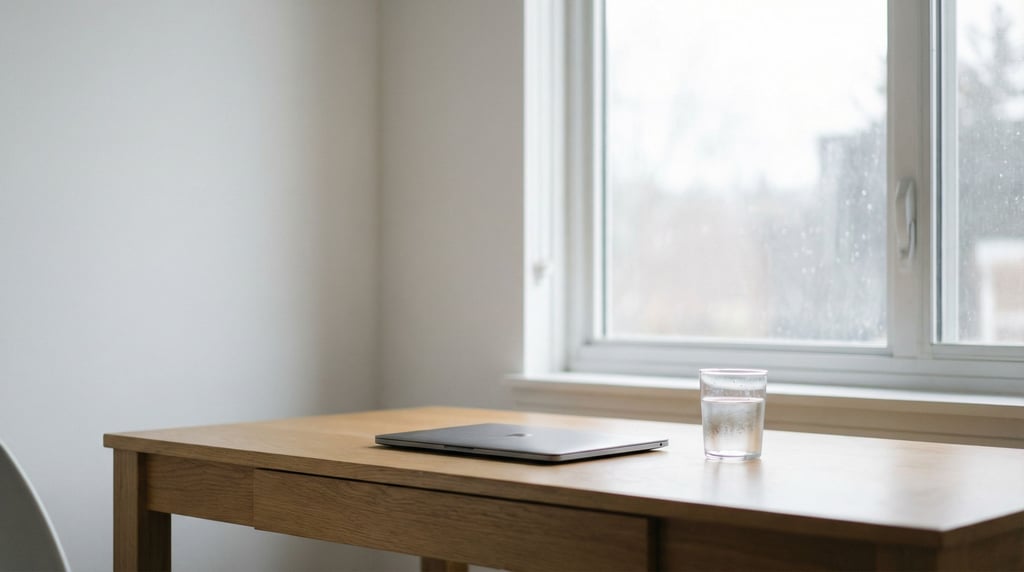 A bright airy studio with white walls, large windows, a glass desk with a slim laptop (be0vnadb)