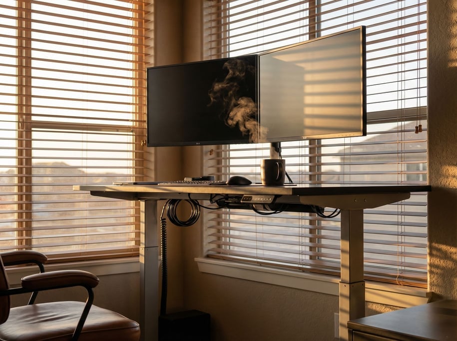 A minimal Scandinavian desk setup, light birch wood, slim monitor, single ceramic mug (fmgcv1ue)