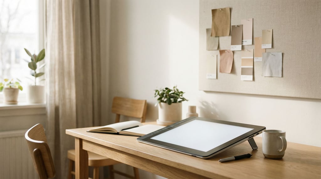 A clean white desk with an iMac, single notebook, and a pen, everything aligned and minimal (i2k)