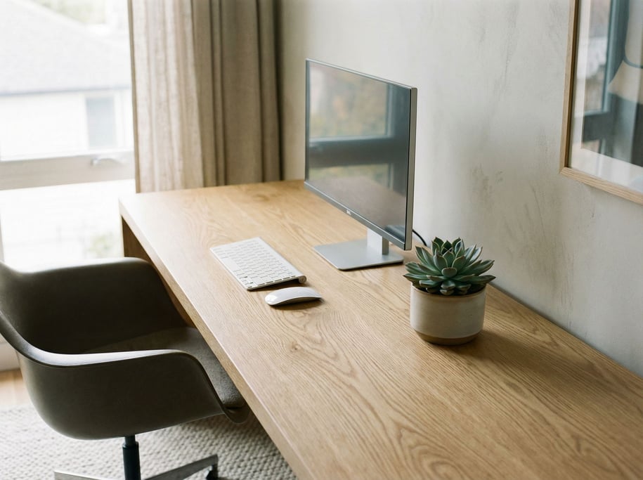 A sleek home office with a slim monitor on a white oak desk, wireless keyboard, single succulent (uuzwqim)