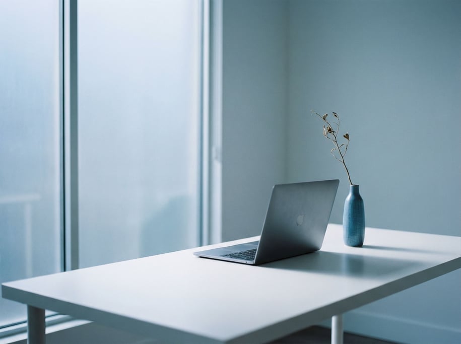A shared modern coworking table with two laptops facing each other, flat whites between them (9eqxu9x)