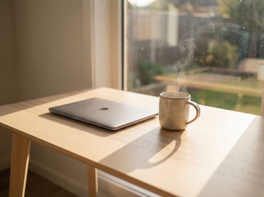 A minimal concrete desk with a laptop and a single architectural lamp, sharp clean lines (ilyrsovm)