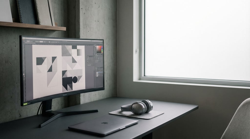 A modern studio apartment workspace, laptop on a white concrete desk (ts1uckm6)