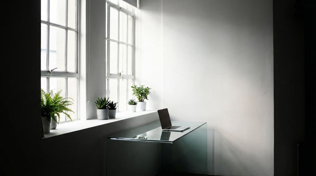 A minimal Scandinavian desk setup, light birch wood, slim monitor, single ceramic mug (43s5xdot)