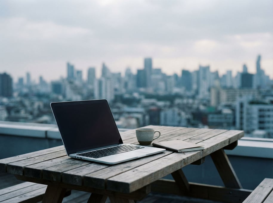 A minimalist white desk with a MacBook and a single blue ceramic vase (ag0ijtnc)