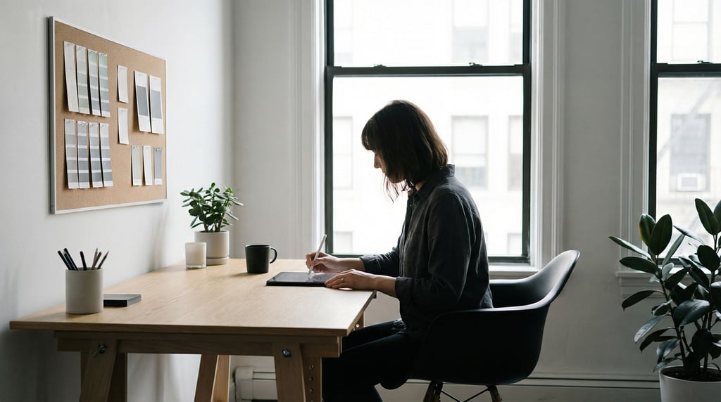 A clean white desk with an iMac, single notebook, and a pen, everything aligned and minimal (pn2nlqsa)