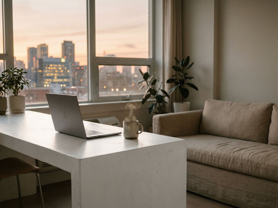 A modern coworking space with polished concrete floors, steel and glass partitions (5iu2cm2w)