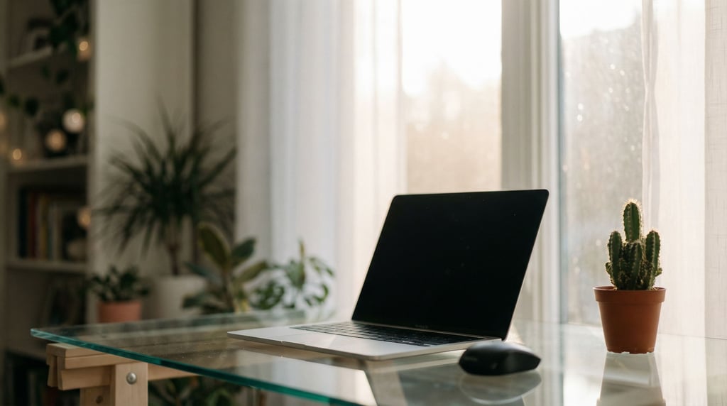 A modern standing desk near floor-to-ceiling windows, ultrawide monitor, single plant (y74celpq)