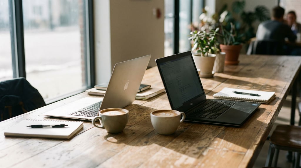 A rooftop workspace setup, laptop on a simple outdoor table, overcast sky, blurred city behind (e7xxe0hd)