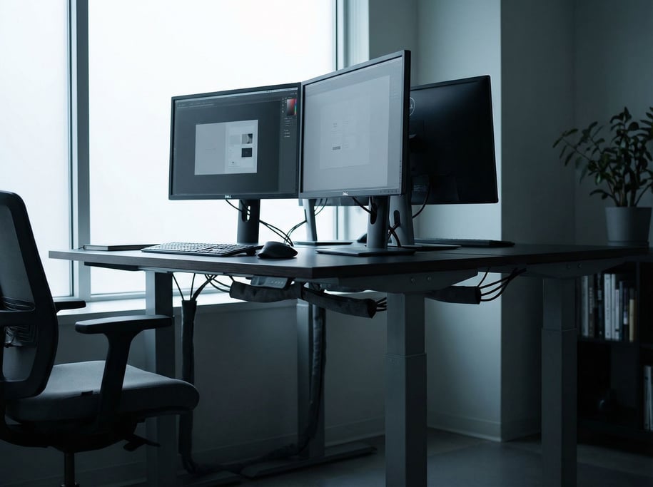 A sleek home office with a slim monitor on a white oak desk, wireless keyboard, single succulent (euyezl0b)