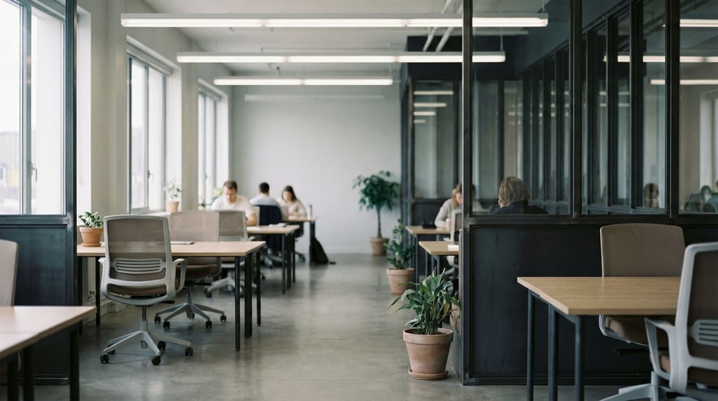 A shared modern coworking table with two laptops facing each other, flat whites between them (e5x862yv)