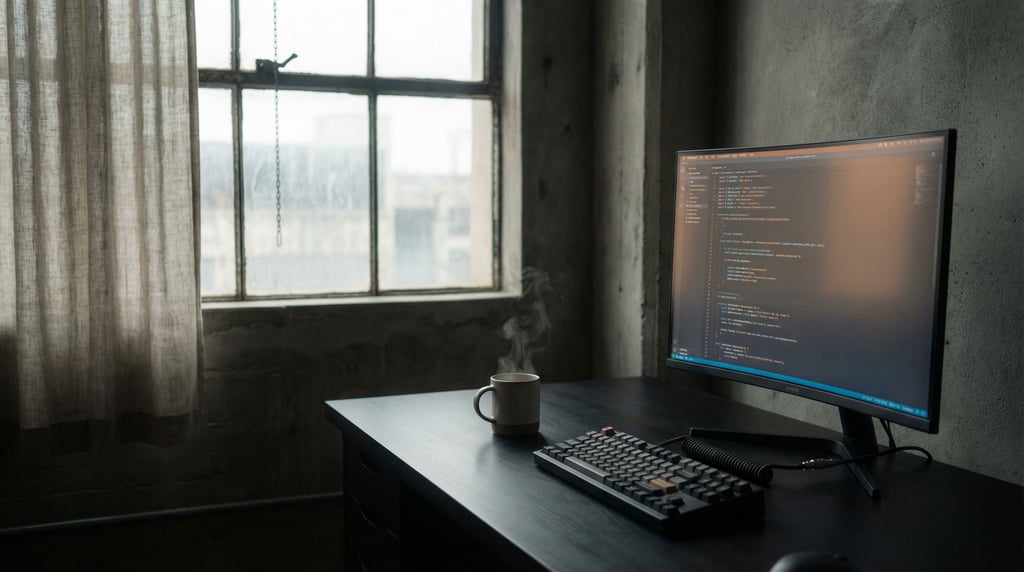A clean minimal desk with a single laptop and ceramic coffee mug (ndqp2wdn)