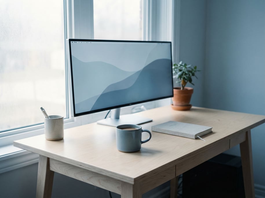 An empty minimal desk with just a closed laptop and a glass of water, clean white walls (o082imdg)