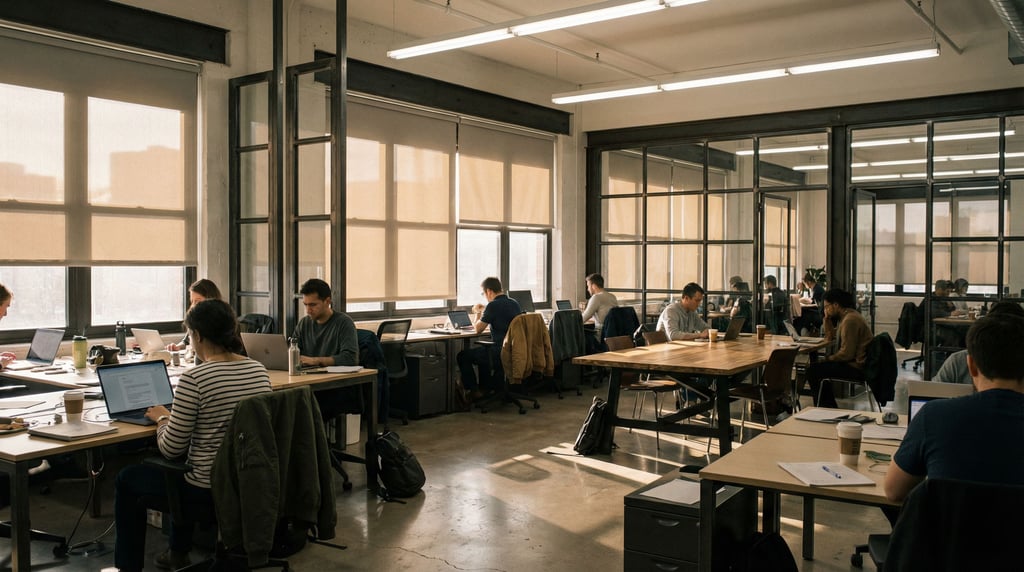 A modern creative studio with a large screen showing design work, clean desk (ewoatmy8)