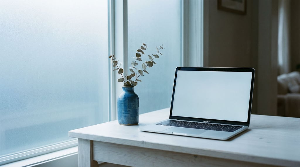 A minimal concrete desk with a laptop and a single architectural lamp, sharp clean lines (ccu7iup0)