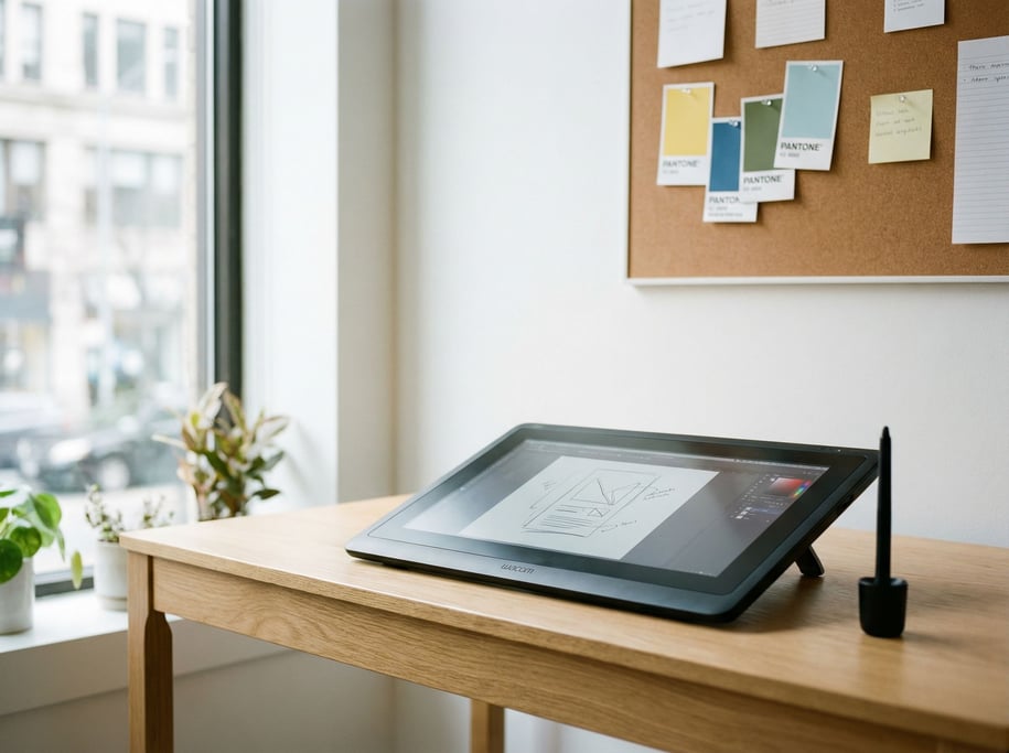A rooftop workspace setup, laptop on a simple outdoor table, overcast sky, blurred city behind