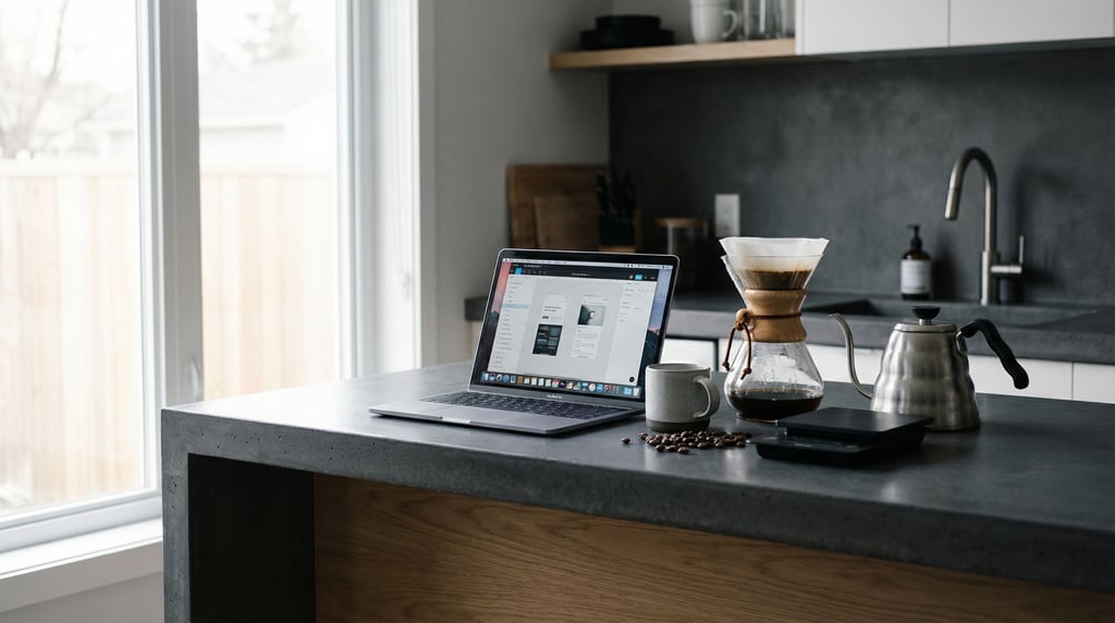 A modern studio apartment workspace, laptop on a white concrete desk (boaqvrcd)