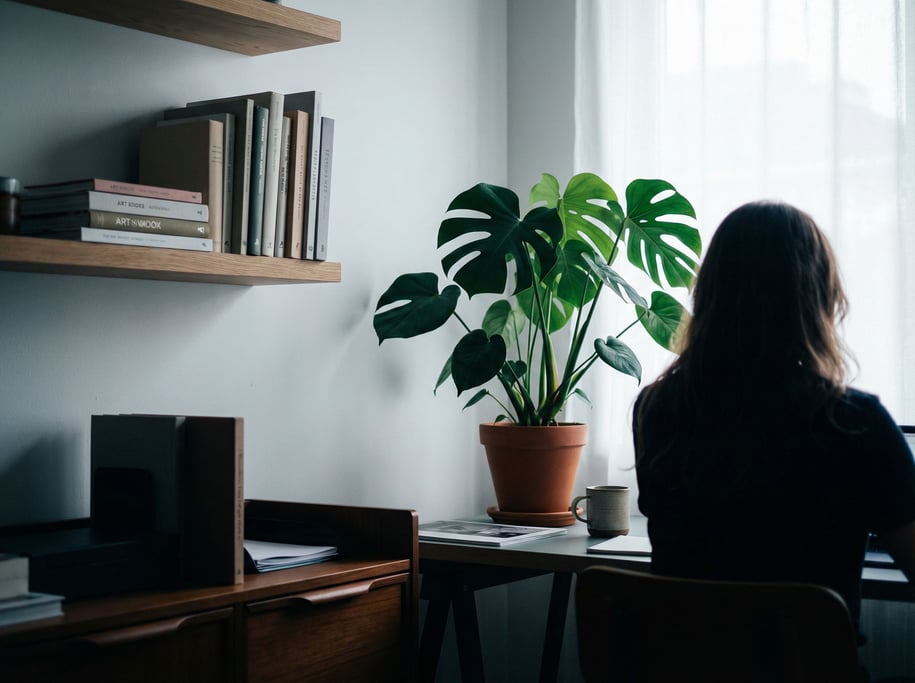 A modern standing desk near floor-to-ceiling windows, ultrawide monitor, single plant (te5n7fql)