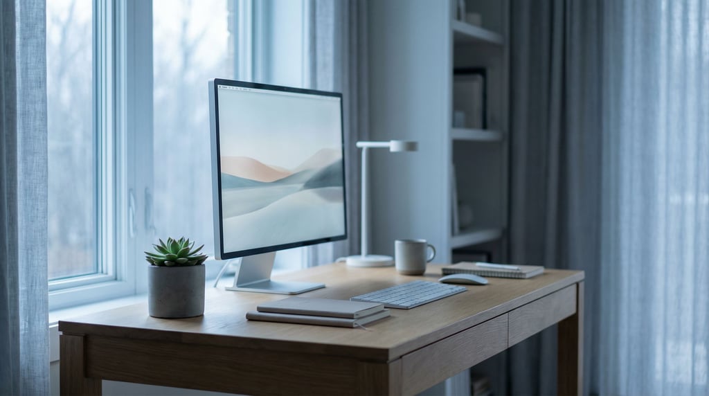 A sleek home office with a slim monitor on a white oak desk, wireless keyboard, single succulent (0s5dlngt)