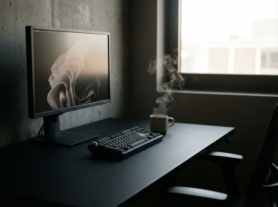 A minimalist white desk with a MacBook and a single blue ceramic vase (nhvkbntw)