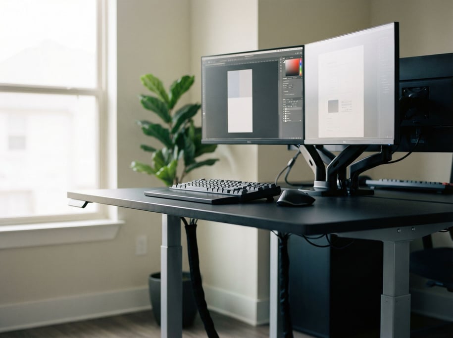 A glass-top desk with a slim laptop, wireless mouse, and a small cactus (azwhflcw)