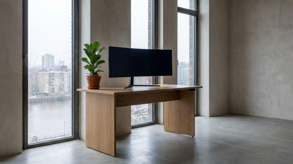 A modern workspace with dual monitors on a sit-stand desk, cable-managed (b90mskdp)