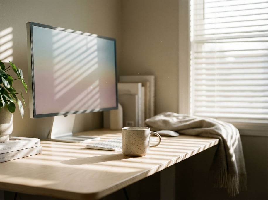 A bright airy studio with white walls, large windows, a glass desk with a slim laptop (j1vbxkao)